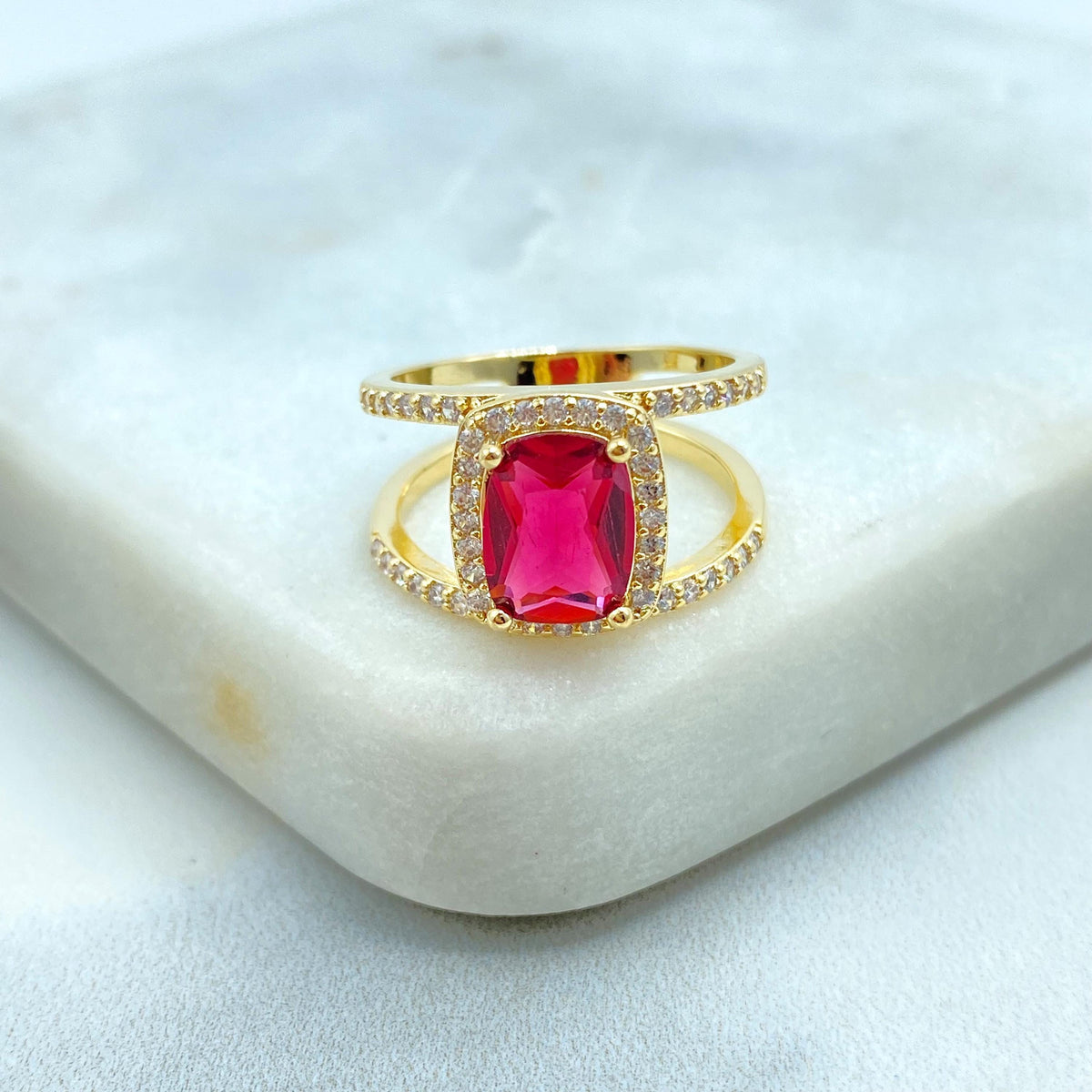 18k Gold Filled Elegant Birthstone-Inspired Cushion Cut Ring, Colorful Stone Ring, Green, Blue, Lavender or Red Color, Wholesale Jewelry