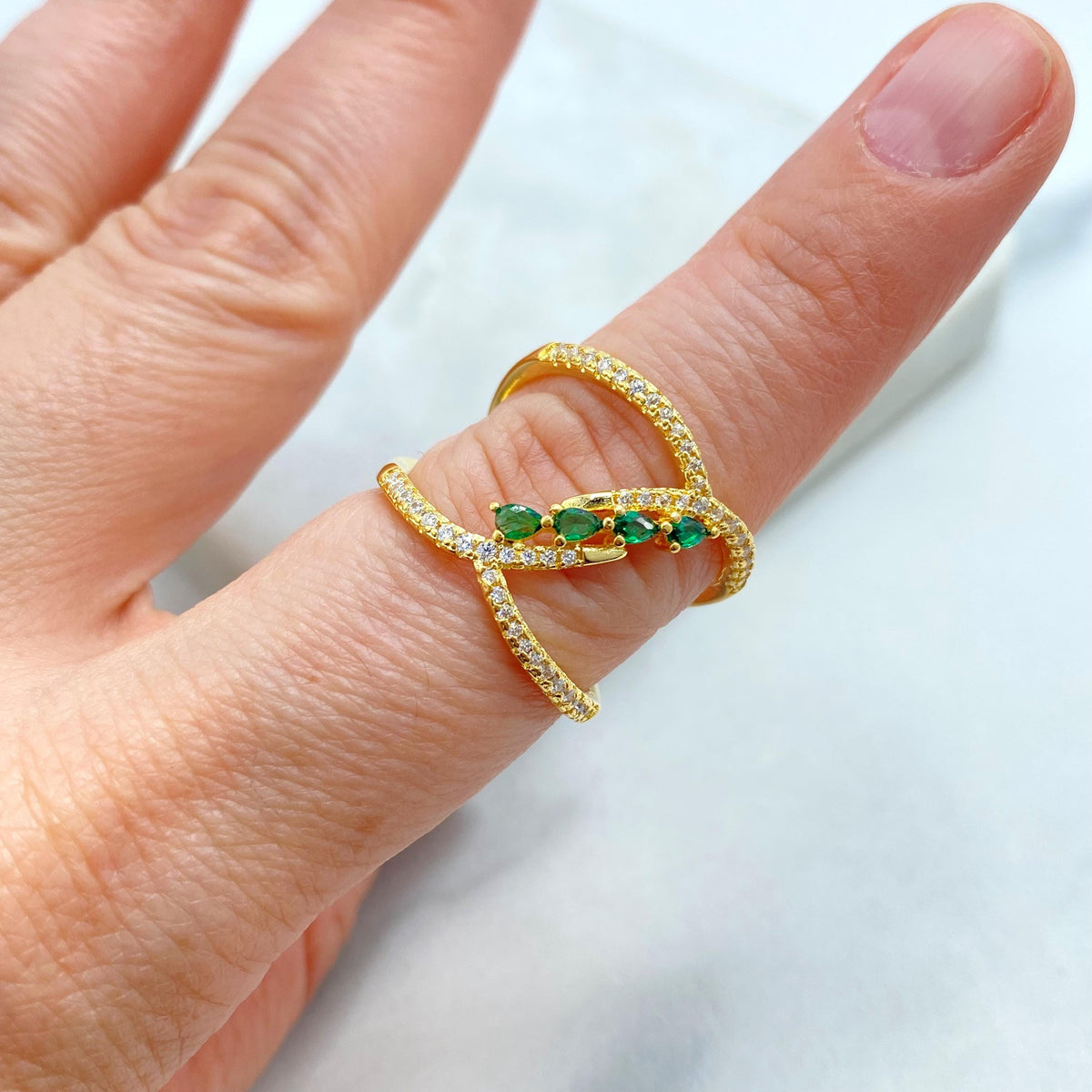18k Gold Filled Crossover Ring with Clear Micro Cubic Zirconia, Front Blue, Green or Pink CZ Color, Overlapping CZ Ring, Wholesale Jewelry