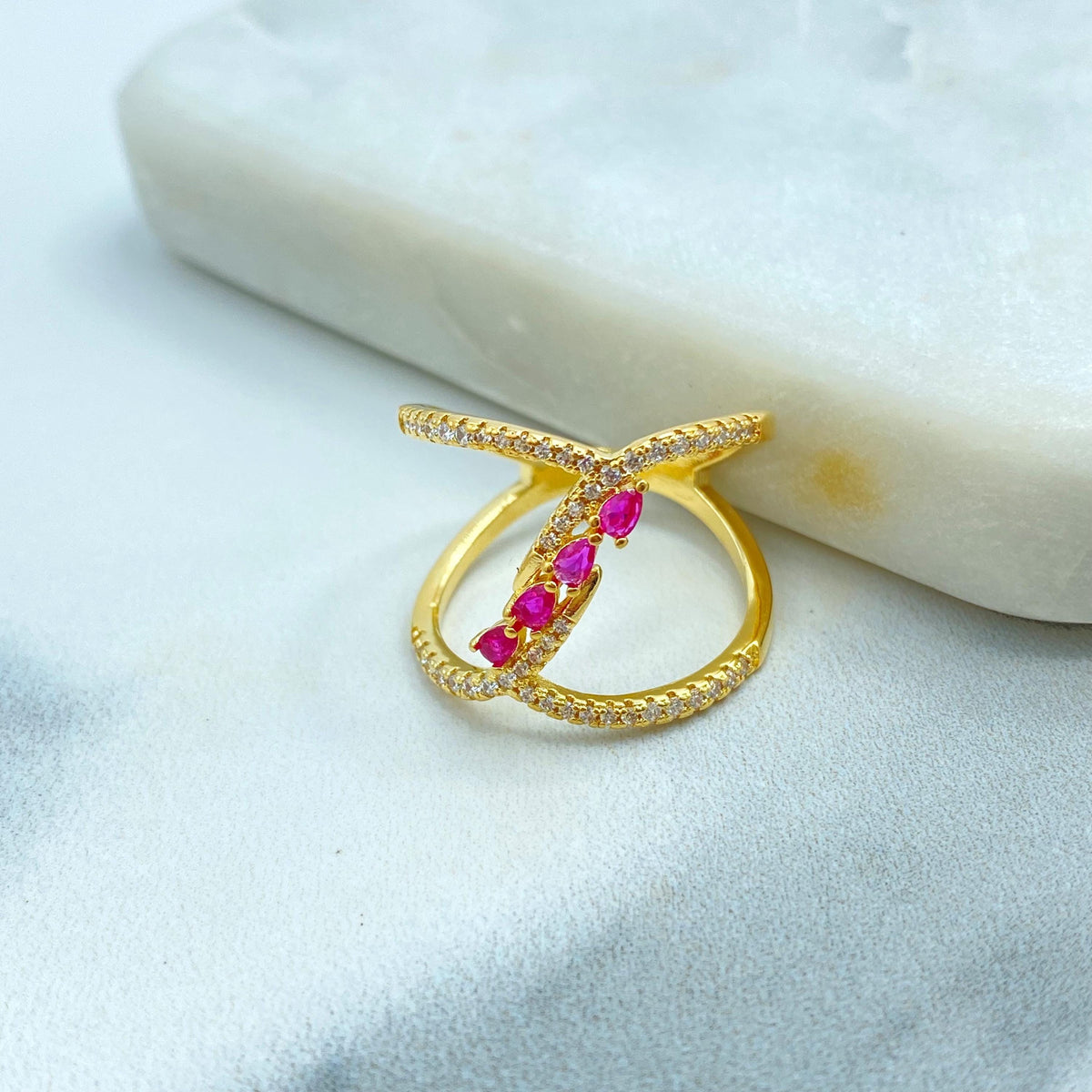 18k Gold Filled Crossover Ring with Clear Micro Cubic Zirconia, Front Blue, Green or Pink CZ Color, Overlapping CZ Ring, Wholesale Jewelry