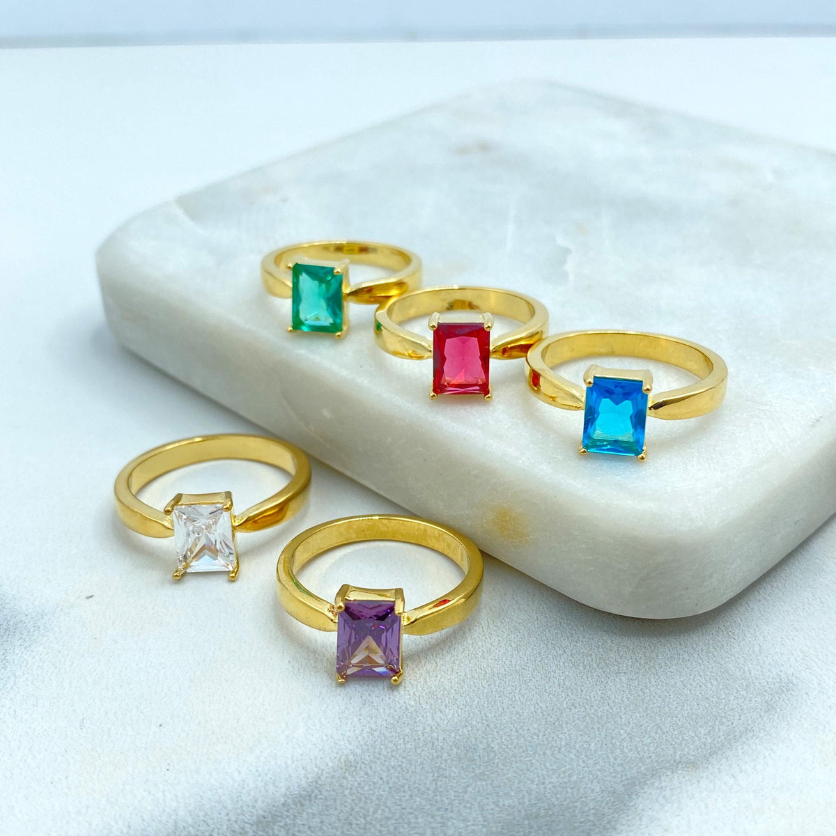 18k Gold Filled Rectangular Stone Ring, Birthstone Baguette Ring, Graduation Ring, Colorful Stone Ring, Wholesale Jewelry