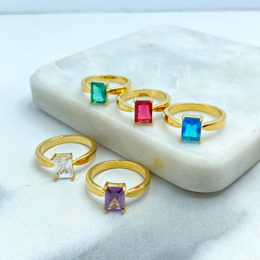 18k Gold Filled Rectangular Stone Ring, Birthstone Baguette Ring, Graduation Ring, Colorful Stone Ring, Wholesale Jewelry