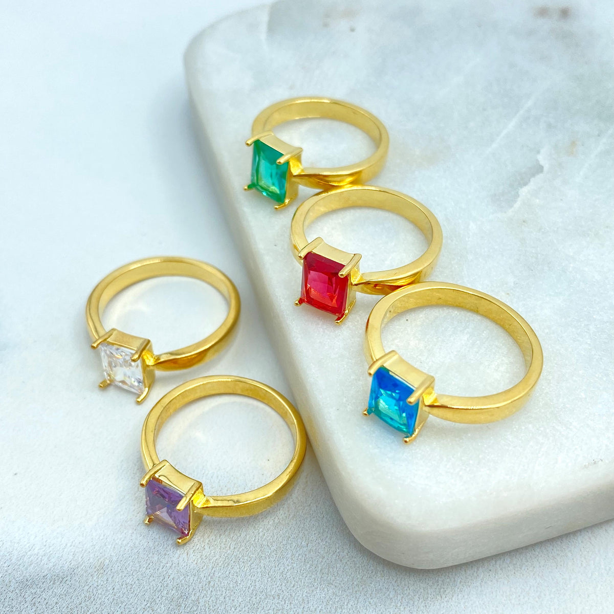 18k Gold Filled Rectangular Stone Ring, Birthstone Baguette Ring, Graduation Ring, Colorful Stone Ring, Wholesale Jewelry