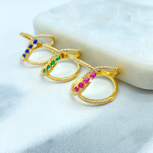 18k Gold Filled Crossover Ring with Clear Micro Cubic Zirconia, Front Blue, Green or Pink CZ Color, Overlapping CZ Ring, Wholesale Jewelry