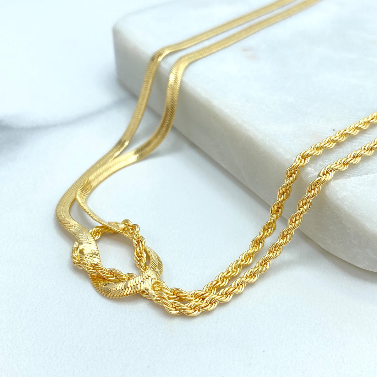 18k Gold Filled Front Knot Necklace or Bracelet, with Double Rope Chain & Snake Chain, Rope and Herringbone Chain with Double Knot Accent