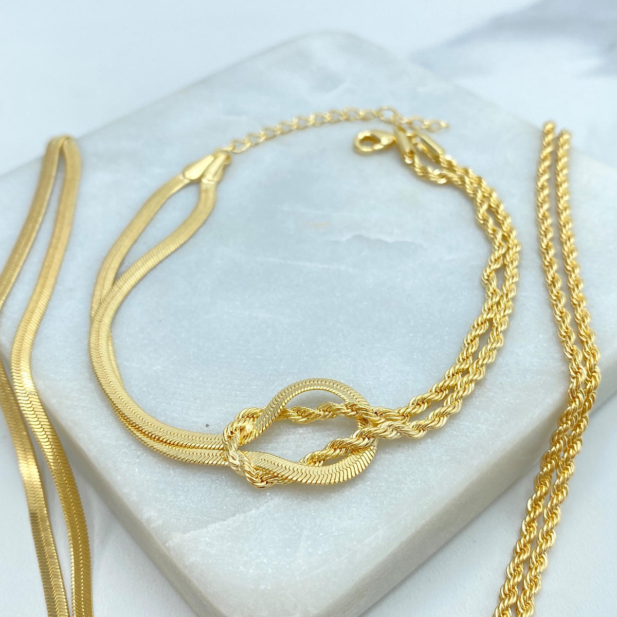 18k Gold Filled Front Knot Necklace or Bracelet, with Double Rope Chain & Snake Chain, Rope and Herringbone Chain with Double Knot Accent
