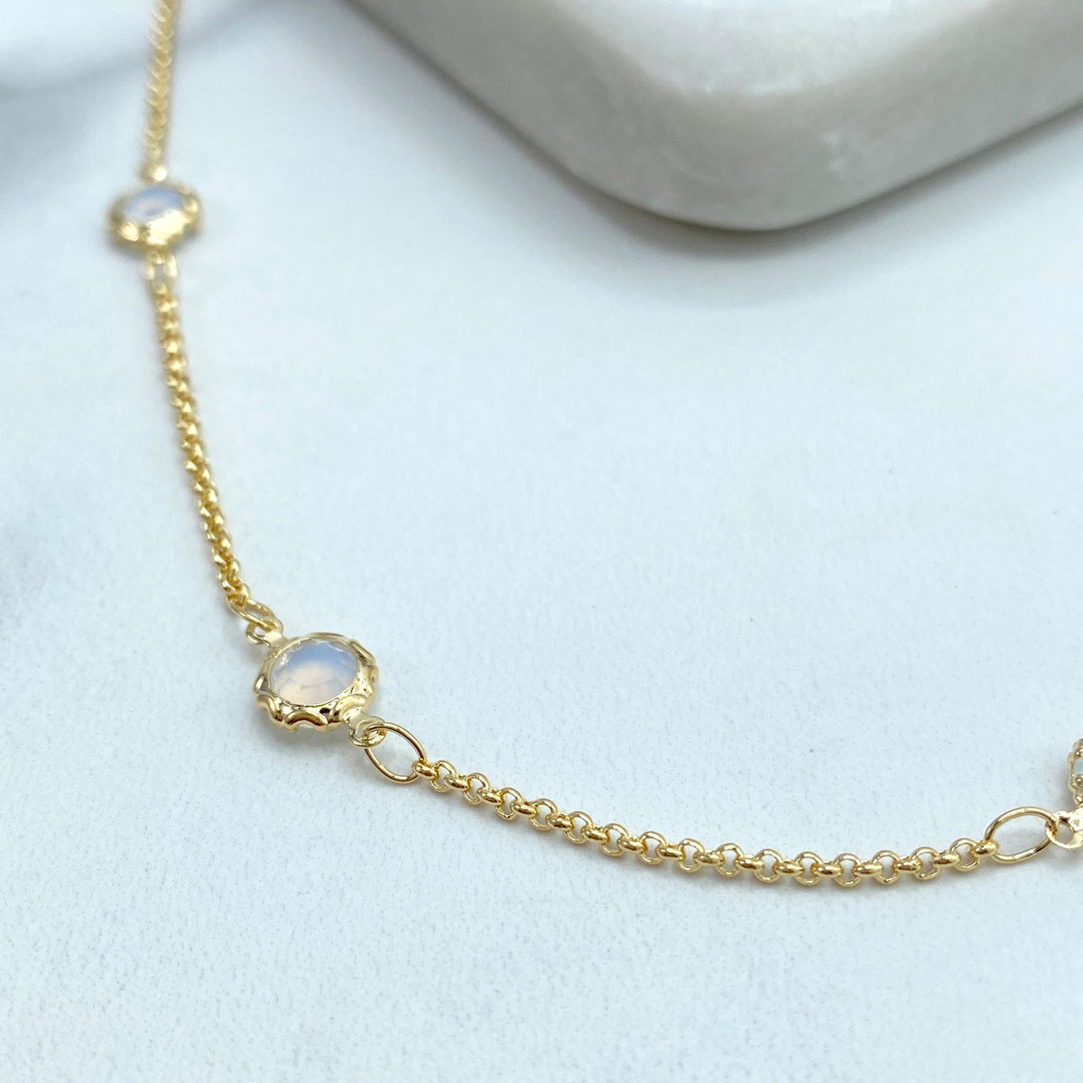 18k Gold Filled Thin Rolo Chain with Linked Simulated Moonstone, Necklace or Bracelet, Buy as a set or individually, Wholesale Jewelry