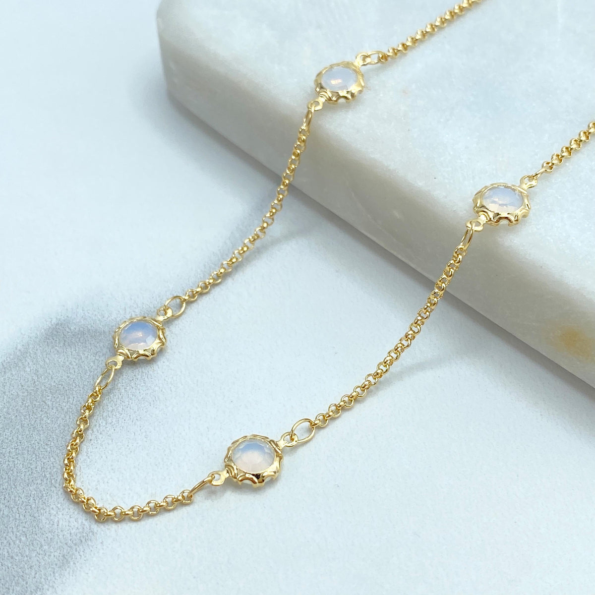 18k Gold Filled Thin Rolo Chain with Linked Simulated Moonstone, Necklace or Bracelet, Buy as a set or individually, Wholesale Jewelry
