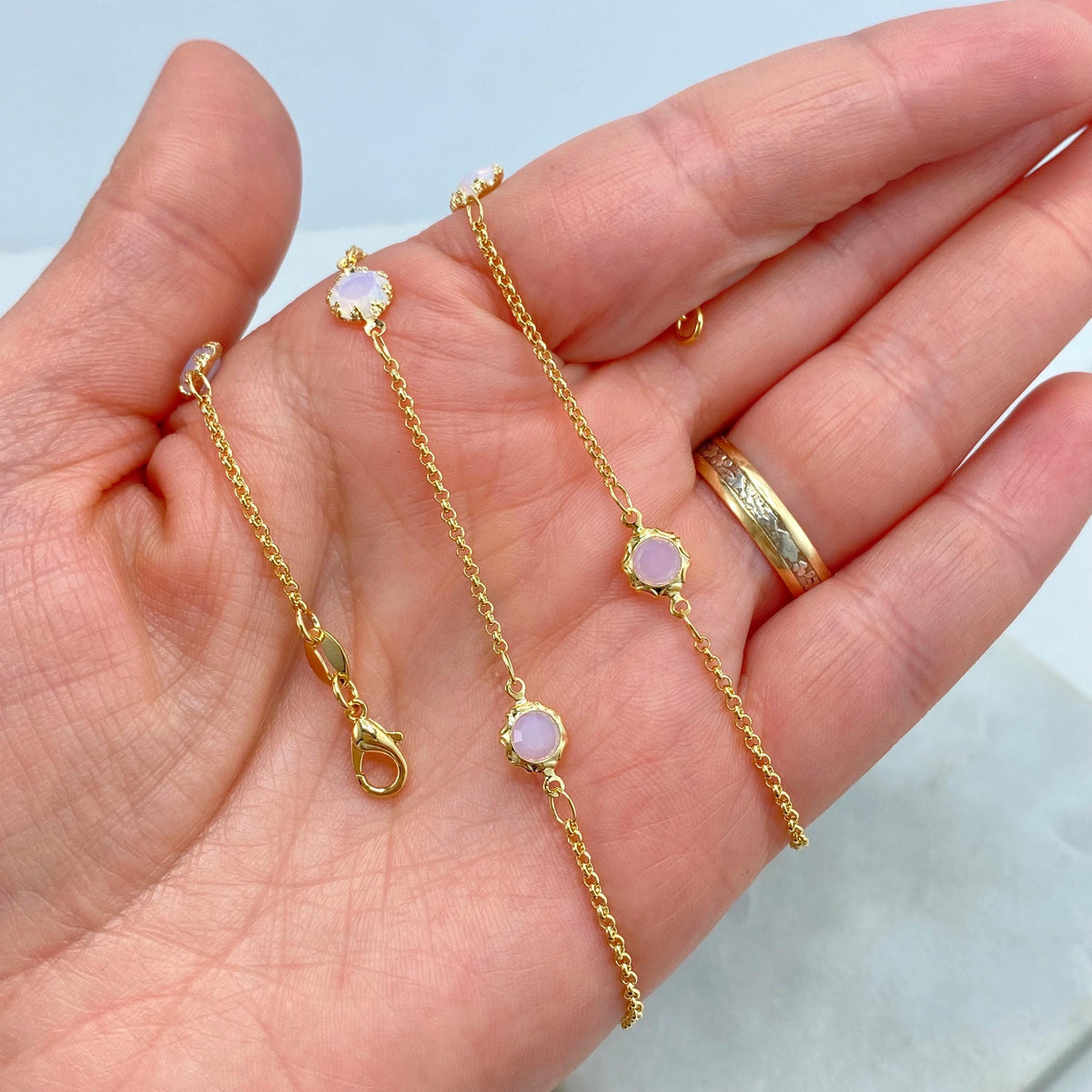 18k Gold Filled Thin Rolo Chain with Linked Simulated Moonstone, Necklace or Bracelet, Buy as a set or individually, Wholesale Jewelry