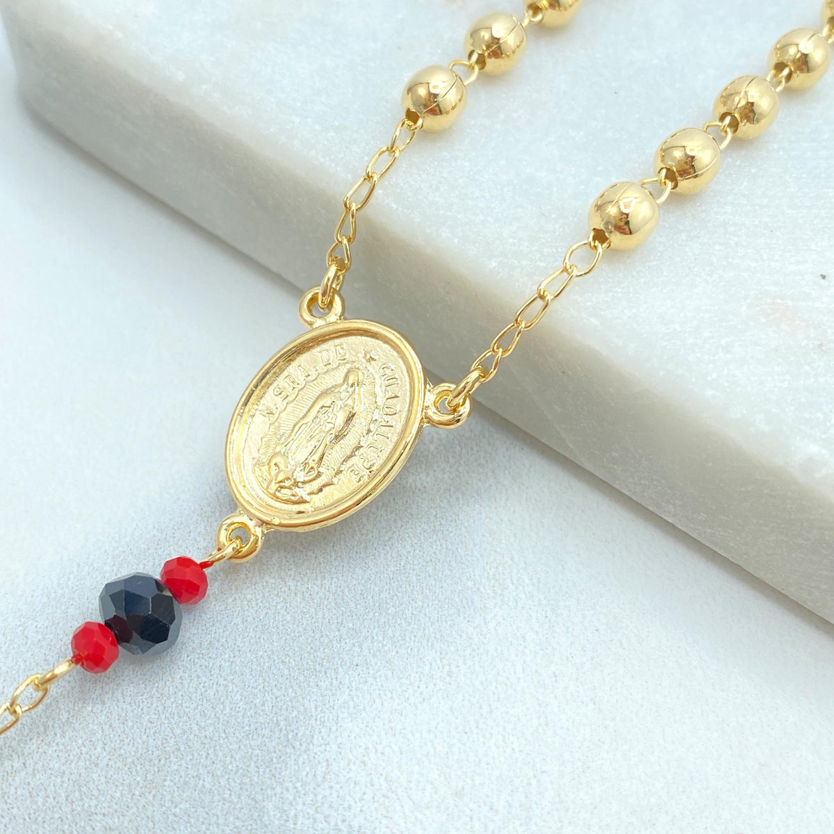 18k Gold Filled Virgen De Guadalupe Rosary, Our Lady of Guadalupe Medal Rosary, Linked with Gold Balls and Azabache, Wholesale Jewelry