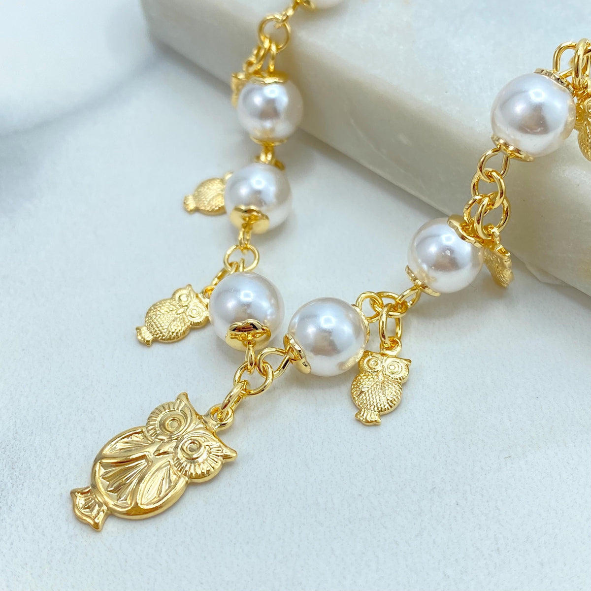 18k Gold Filled Linked Simulated Pearl with Textured Gold Owls Charms Bracelet, Linked Pearl Bracelet and Owls Charms, with Extender