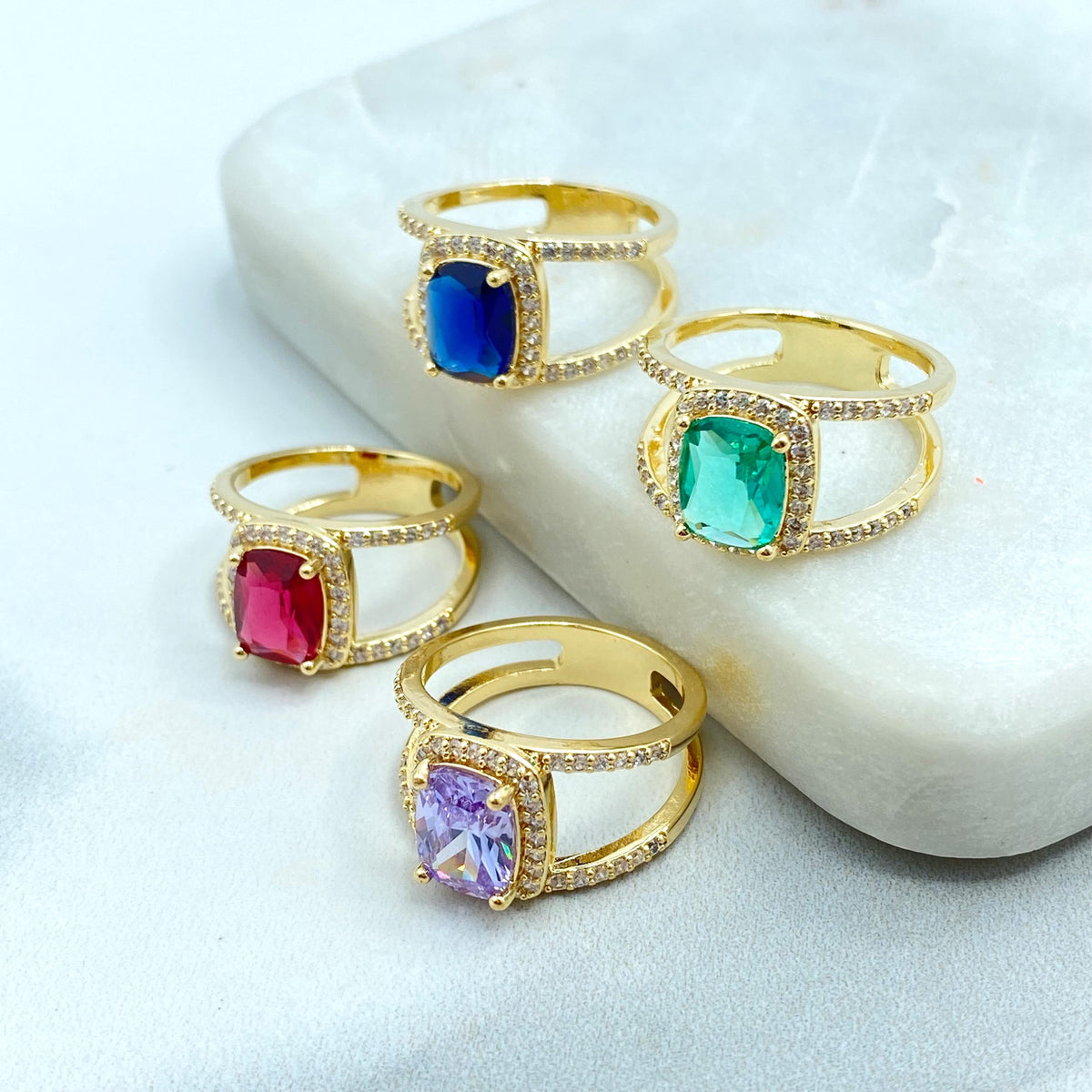 18k Gold Filled Elegant Birthstone-Inspired Cushion Cut Ring, Colorful Stone Ring, Green, Blue, Lavender or Red Color, Wholesale Jewelry