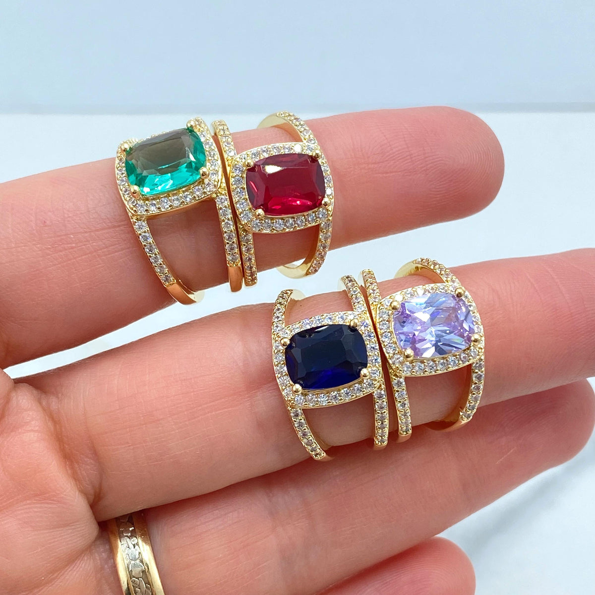 18k Gold Filled Elegant Birthstone-Inspired Cushion Cut Ring, Colorful Stone Ring, Green, Blue, Lavender or Red Color, Wholesale Jewelry