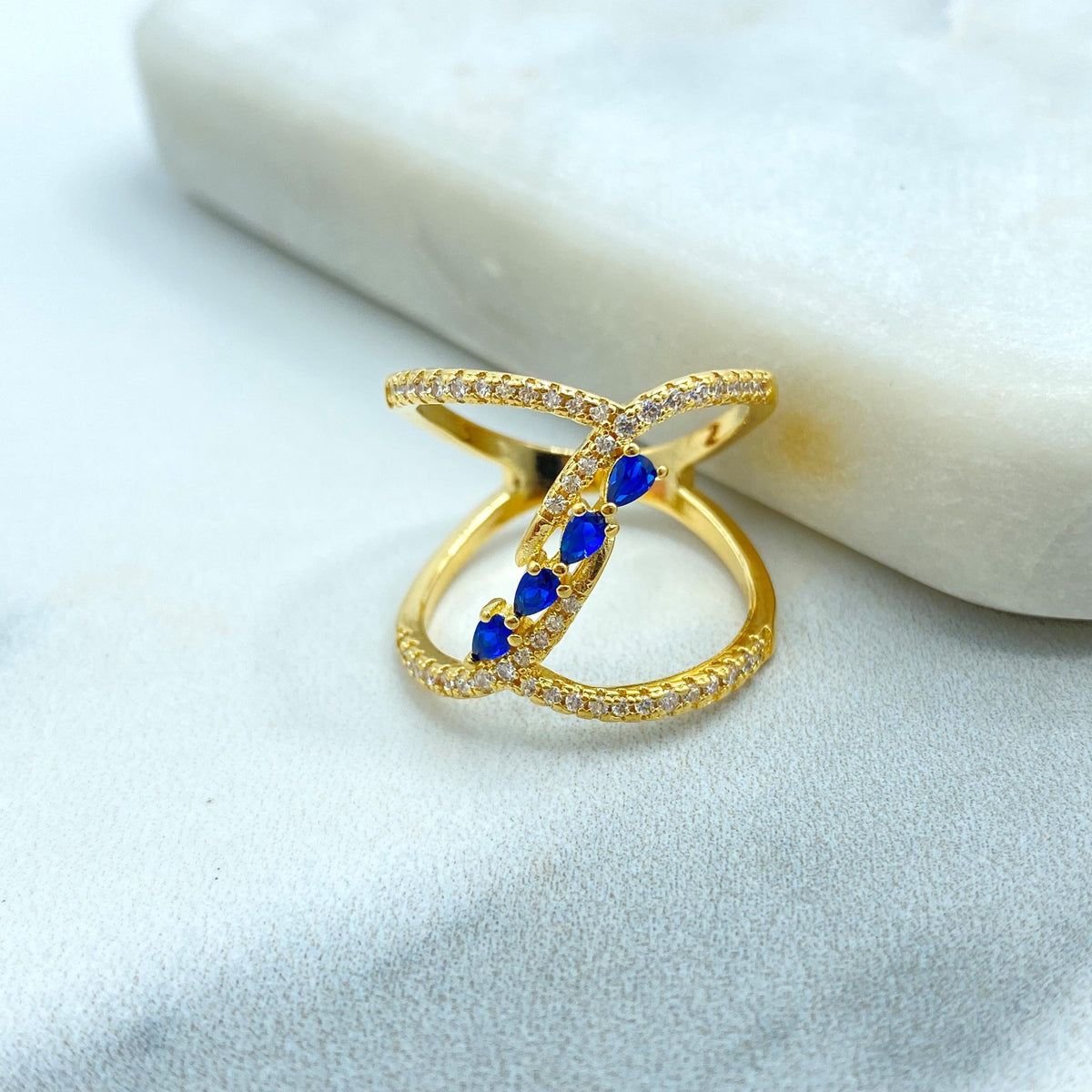 18k Gold Filled Crossover Ring with Clear Micro Cubic Zirconia, Front Blue, Green or Pink CZ Color, Overlapping CZ Ring, Wholesale Jewelry