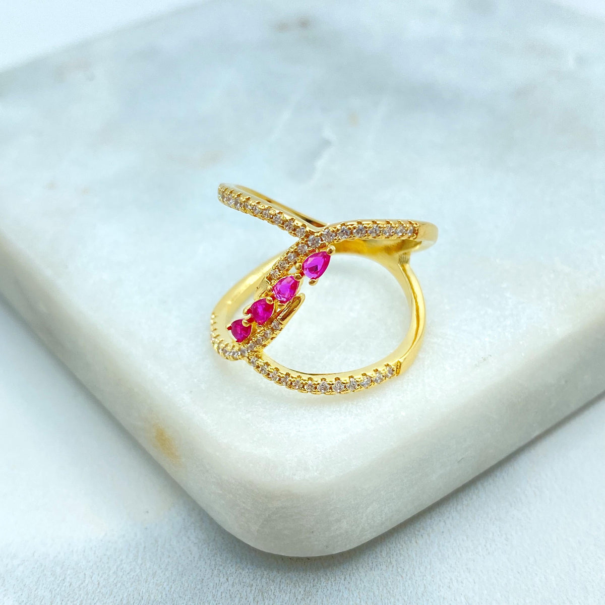 18k Gold Filled Crossover Ring with Clear Micro Cubic Zirconia, Front Blue, Green or Pink CZ Color, Overlapping CZ Ring, Wholesale Jewelry