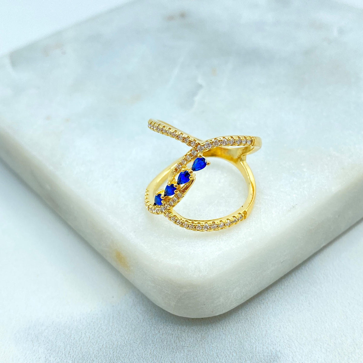 18k Gold Filled Crossover Ring with Clear Micro Cubic Zirconia, Front Blue, Green or Pink CZ Color, Overlapping CZ Ring, Wholesale Jewelry