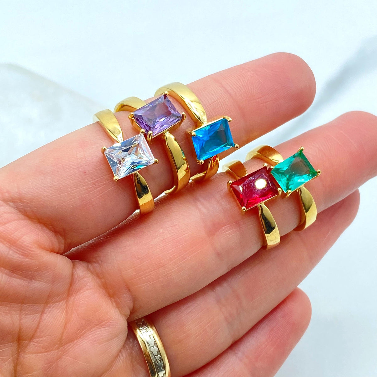 18k Gold Filled Rectangular Stone Ring, Birthstone Baguette Ring, Graduation Ring, Colorful Stone Ring, Wholesale Jewelry