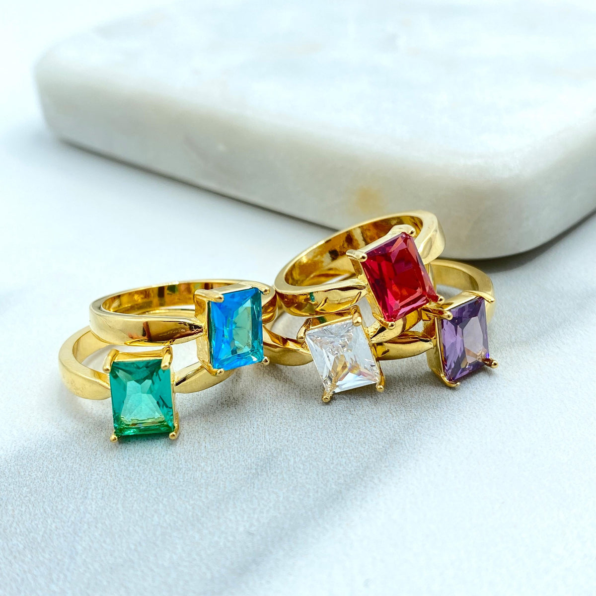 18k Gold Filled Rectangular Stone Ring, Birthstone Baguette Ring, Graduation Ring, Colorful Stone Ring, Wholesale Jewelry