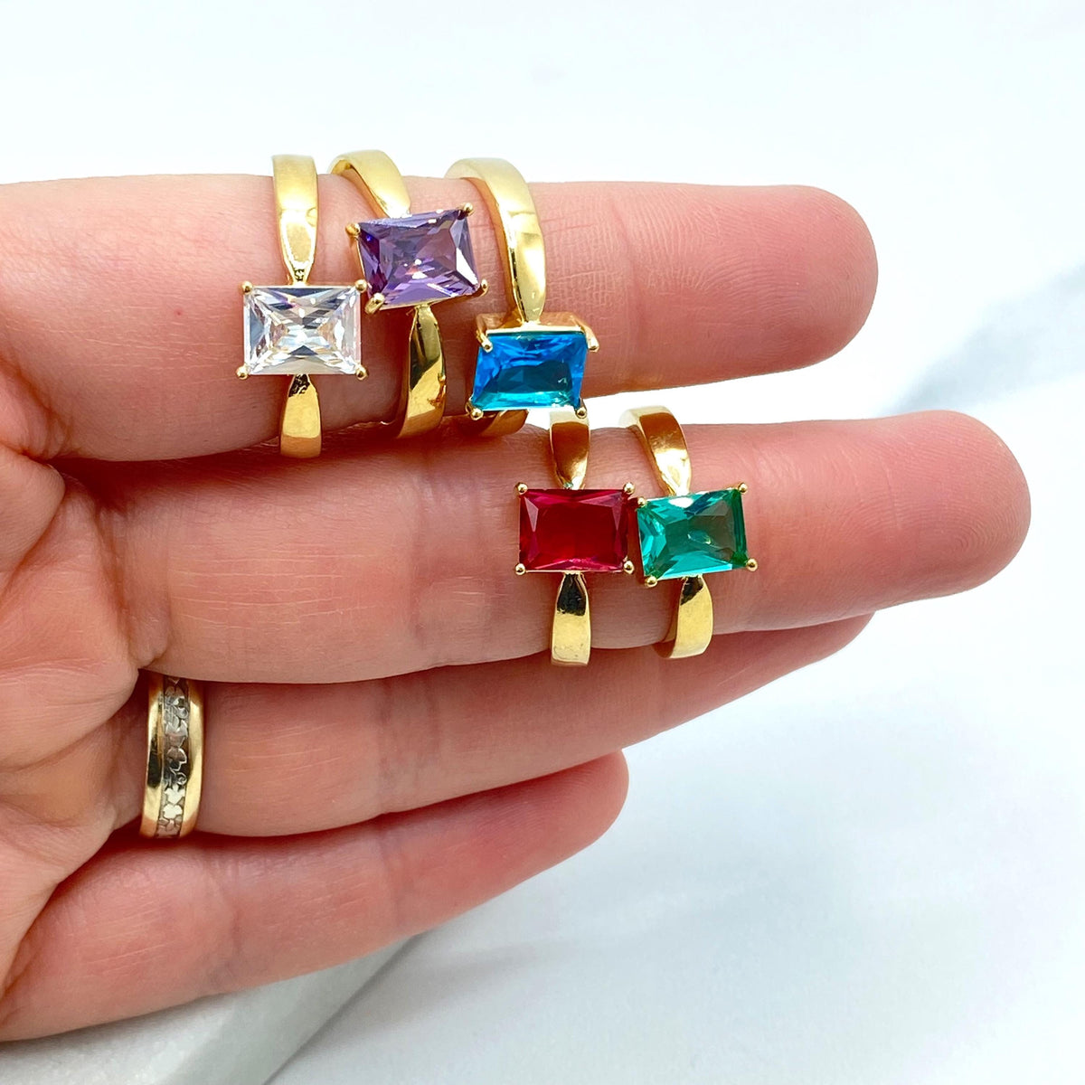 18k Gold Filled Rectangular Stone Ring, Birthstone Baguette Ring, Graduation Ring, Colorful Stone Ring, Wholesale Jewelry