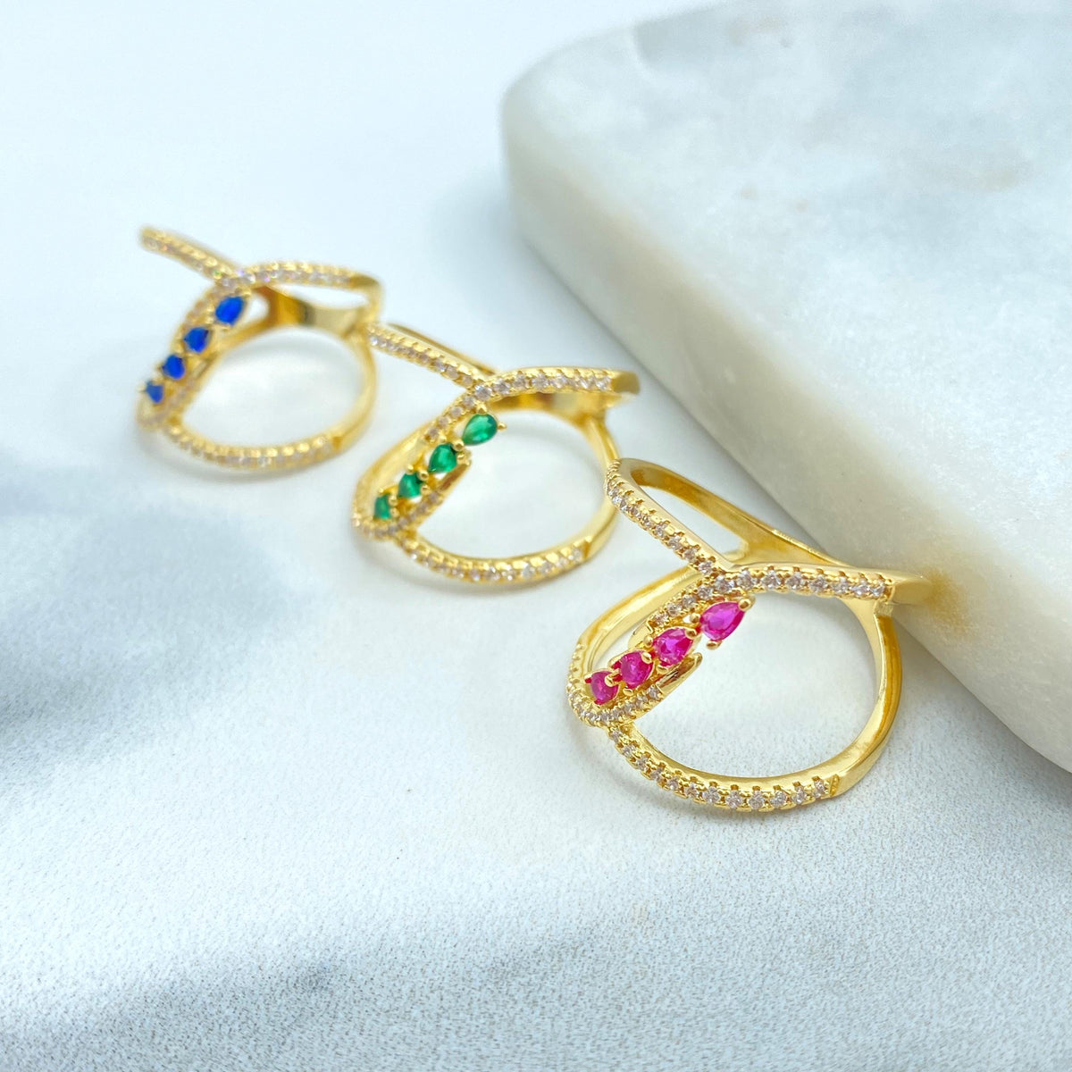 18k Gold Filled Crossover Ring with Clear Micro Cubic Zirconia, Front Blue, Green or Pink CZ Color, Overlapping CZ Ring, Wholesale Jewelry