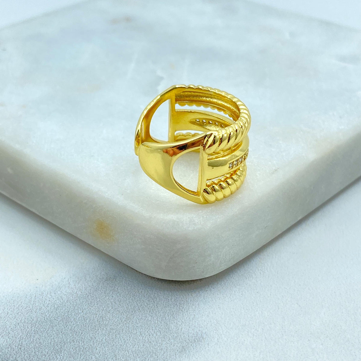 18K Gold Filled Triple Band Adjustable Ring, Rope Detail and CZ Accent, Bold Stack Look in One Ring, Wholesale Jewelry