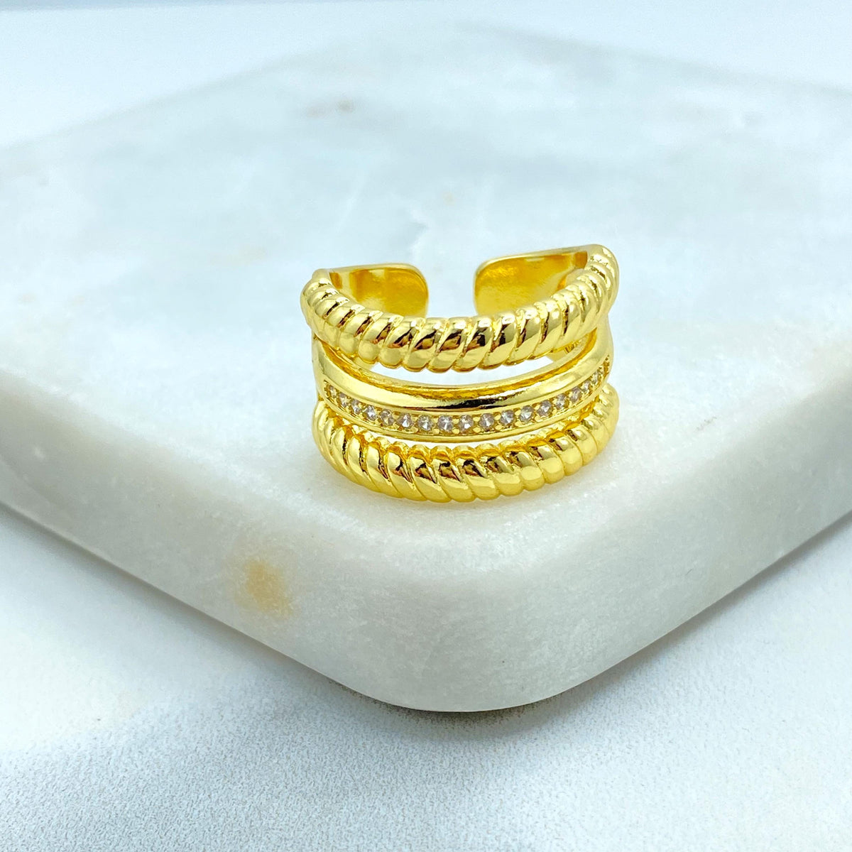 18K Gold Filled Triple Band Adjustable Ring, Rope Detail and CZ Accent, Bold Stack Look in One Ring, Wholesale Jewelry
