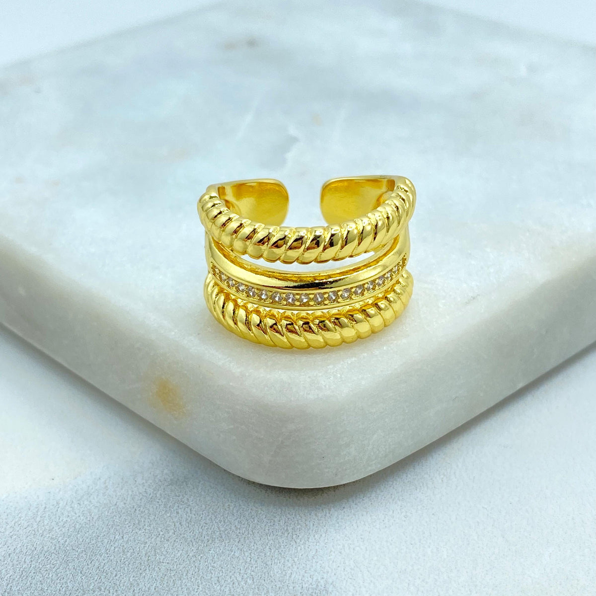 18K Gold Filled Triple Band Adjustable Ring, Rope Detail and CZ Accent, Bold Stack Look in One Ring, Wholesale Jewelry
