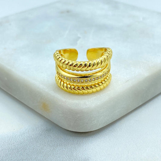 18K Gold Filled Triple Band Adjustable Ring, Rope Detail and CZ Accent, Bold Stack Look in One Ring, Wholesale Jewelry