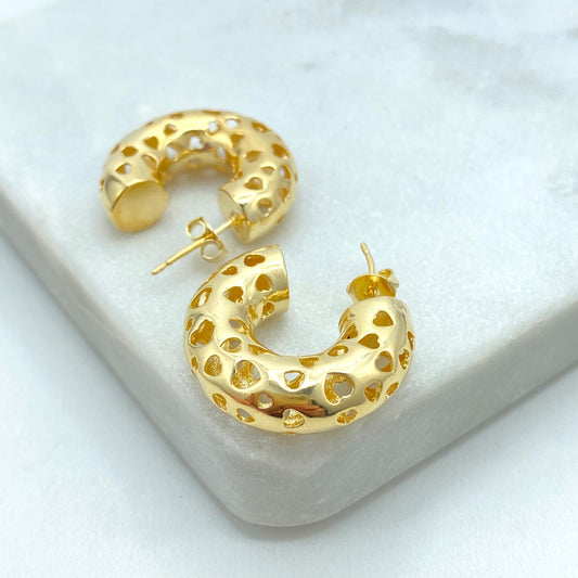 18K Gold Filled Heart Cutout C-Hoop Earrings, Romantic Chunky Hoop with Hollow Heart Design, Wholesale Jewelry