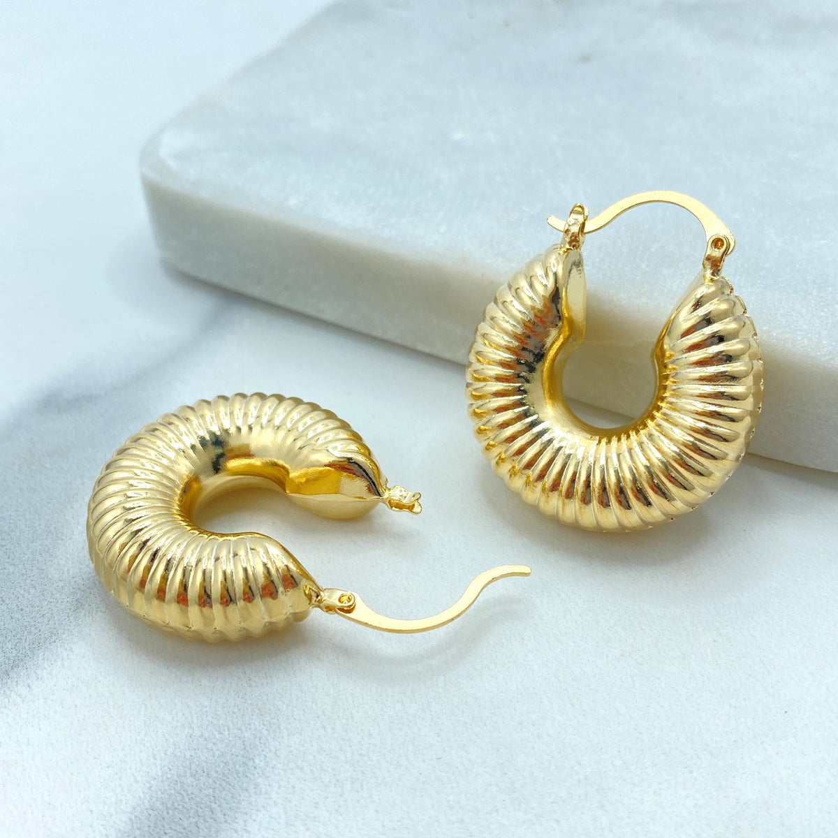 18K Gold Filled Ribbed Chunky Hoop Earrings, Bold Textured Dome Hoops, Retro Statement Earrings, Wholesale Jewelry