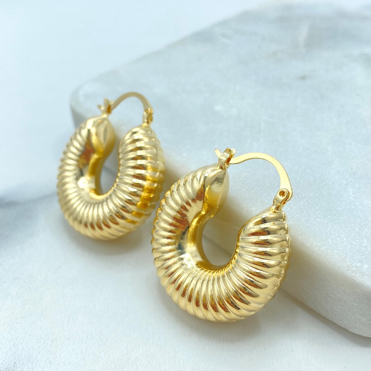 18K Gold Filled Ribbed Chunky Hoop Earrings, Bold Textured Dome Hoops, Retro Statement Earrings, Wholesale Jewelry