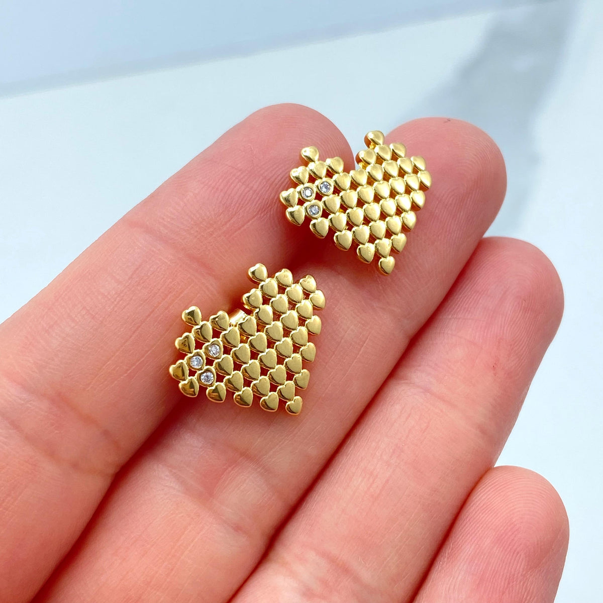18k Gold Filled Pixel Heart Stud Earrings, Gold Mini Hearts with CZ Accents, Modern Love Earrings, Wholesale Jewelry