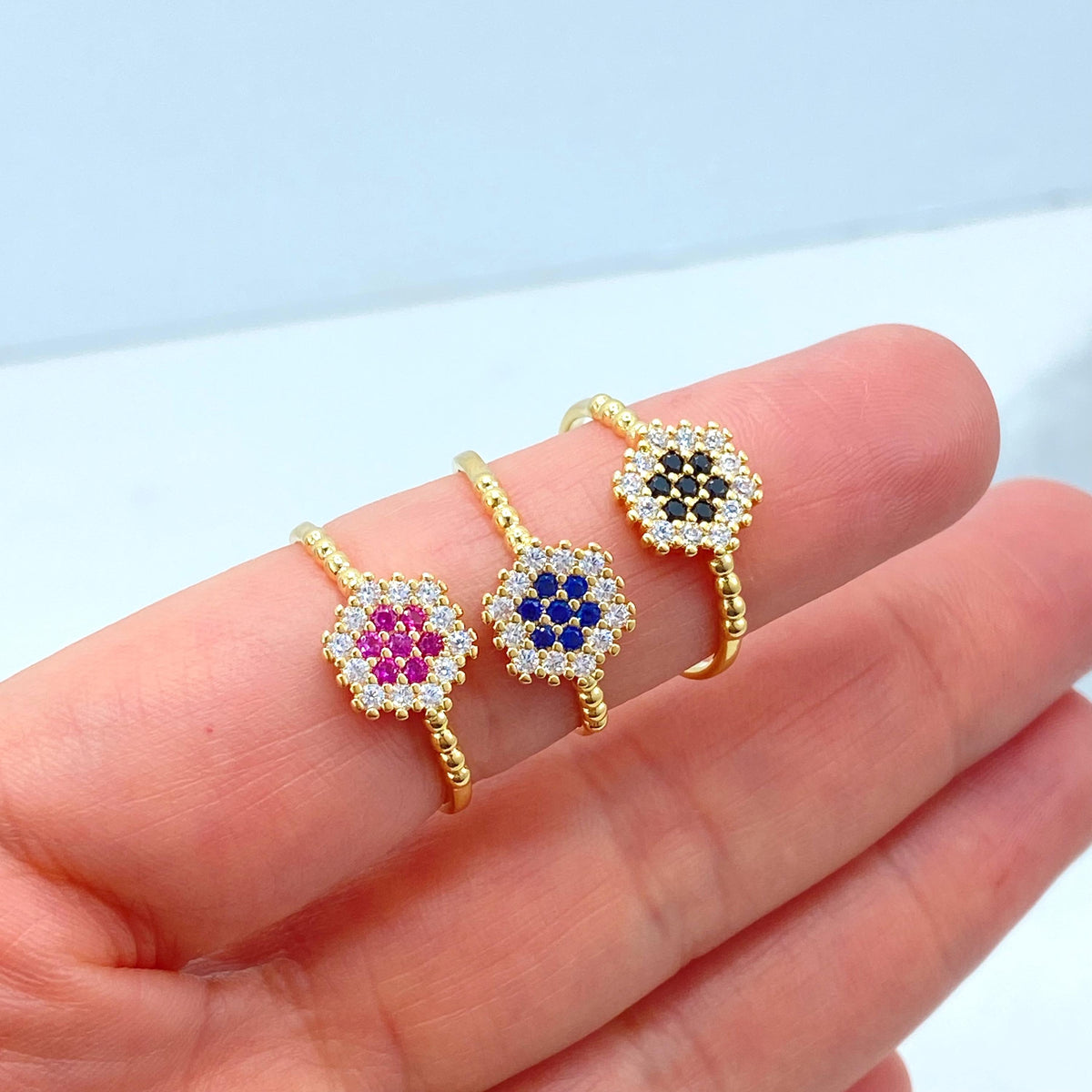 18k Gold Filled Pixel Mosaic Ring with Colored CZ, Hexagon Beaded Band in Pink, Blue, or Black, Flower CZ Ring, Wholesale Jewelry