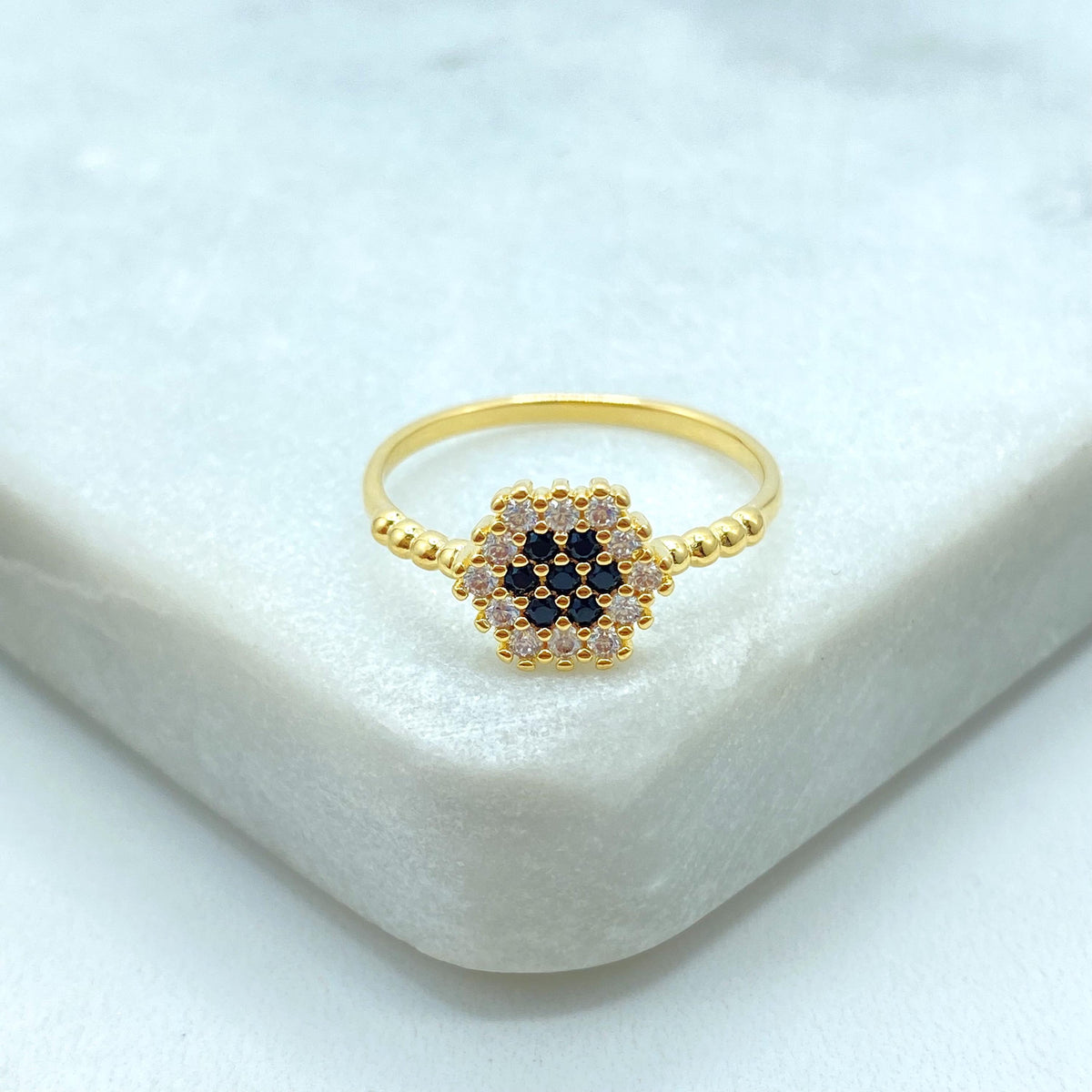 18k Gold Filled Pixel Mosaic Ring with Colored CZ, Hexagon Beaded Band in Pink, Blue, or Black, Flower CZ Ring, Wholesale Jewelry