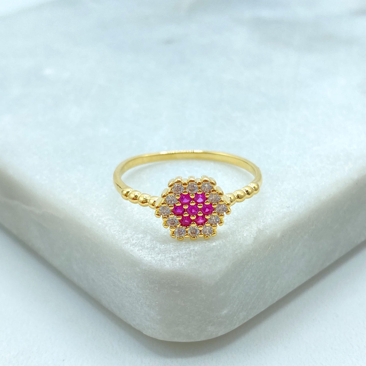 18k Gold Filled Pixel Mosaic Ring with Colored CZ, Hexagon Beaded Band in Pink, Blue, or Black, Flower CZ Ring, Wholesale Jewelry