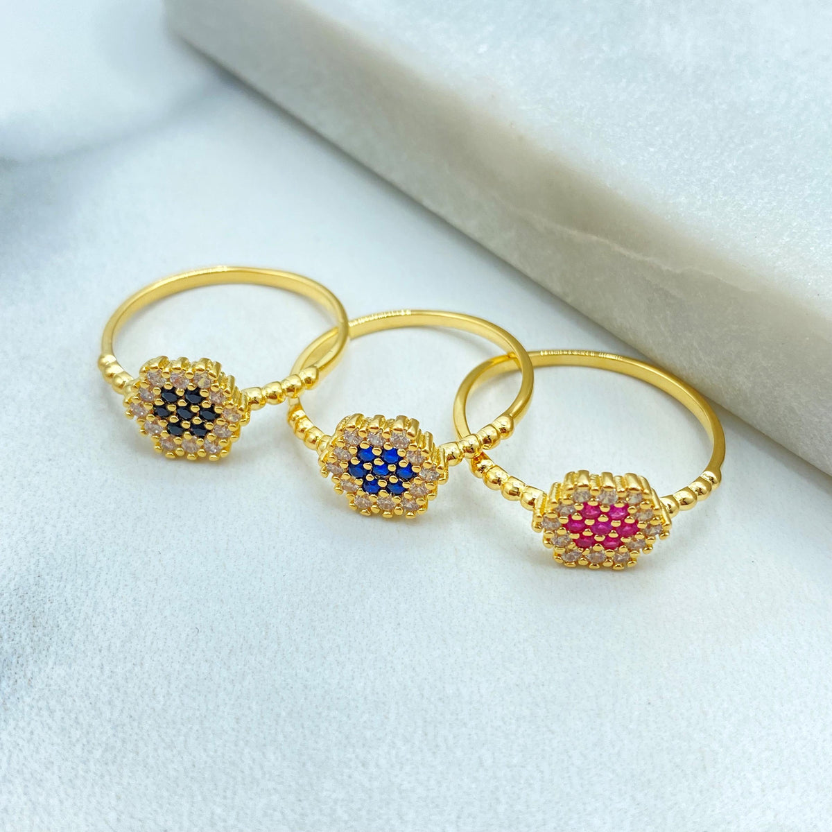 18k Gold Filled Pixel Mosaic Ring with Colored CZ, Hexagon Beaded Band in Pink, Blue, or Black, Flower CZ Ring, Wholesale Jewelry