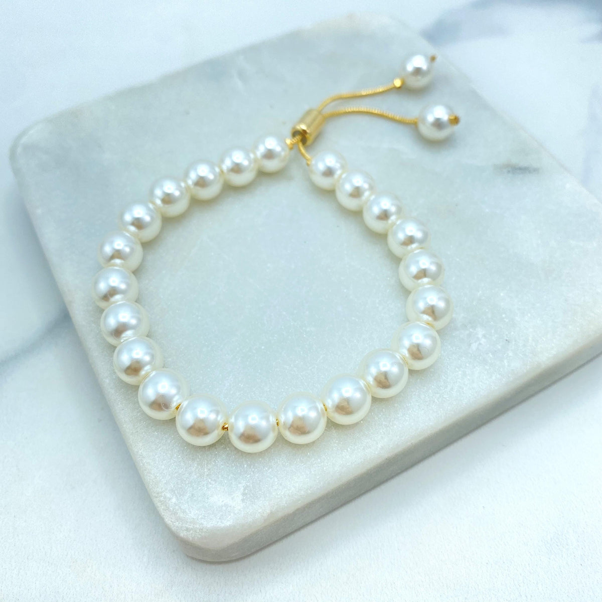 18k Gold Filled Simulated Pearl Adjustable Bracelet, 6mm or 8mm Beads, Beaded Slide Clasp Bracelet, Stackable Design, Wholesale Jewelry