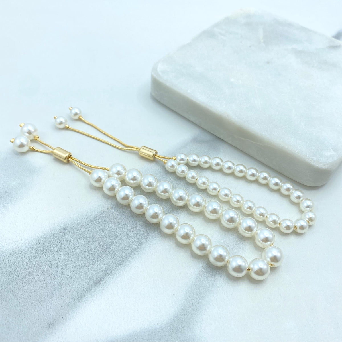 18k Gold Filled Simulated Pearl Adjustable Bracelet, 6mm or 8mm Beads, Beaded Slide Clasp Bracelet, Stackable Design, Wholesale Jewelry