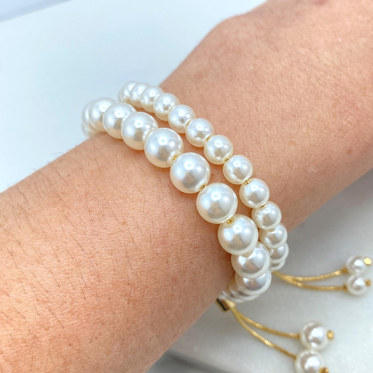 18k Gold Filled Simulated Pearl Adjustable Bracelet, 6mm or 8mm Beads, Beaded Slide Clasp Bracelet, Stackable Design, Wholesale Jewelry