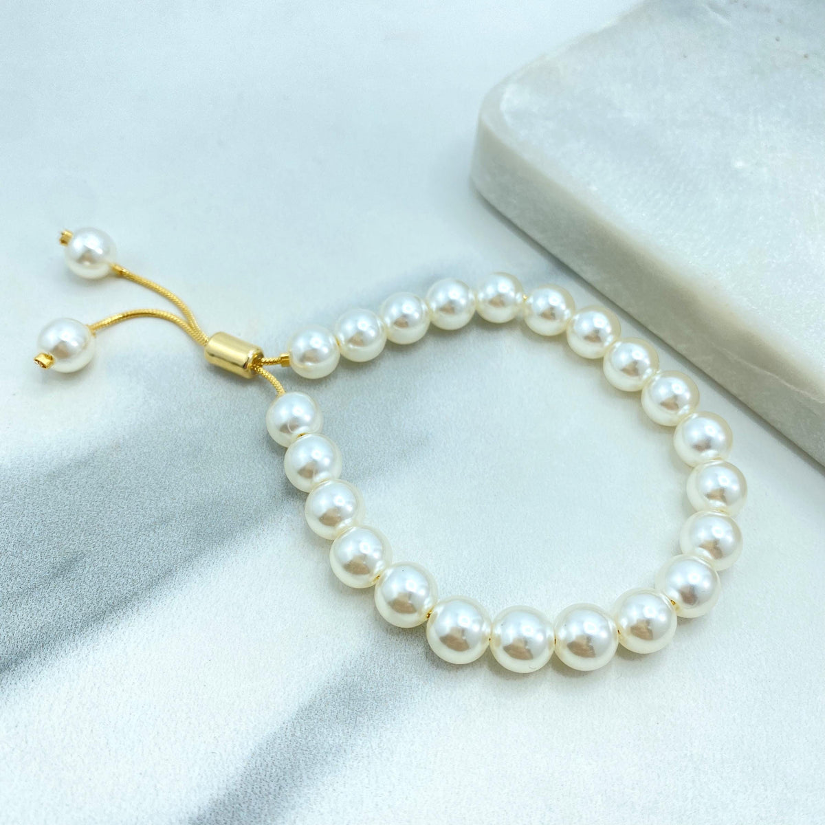 18k Gold Filled Simulated Pearl Adjustable Bracelet, 6mm or 8mm Beads, Beaded Slide Clasp Bracelet, Stackable Design, Wholesale Jewelry