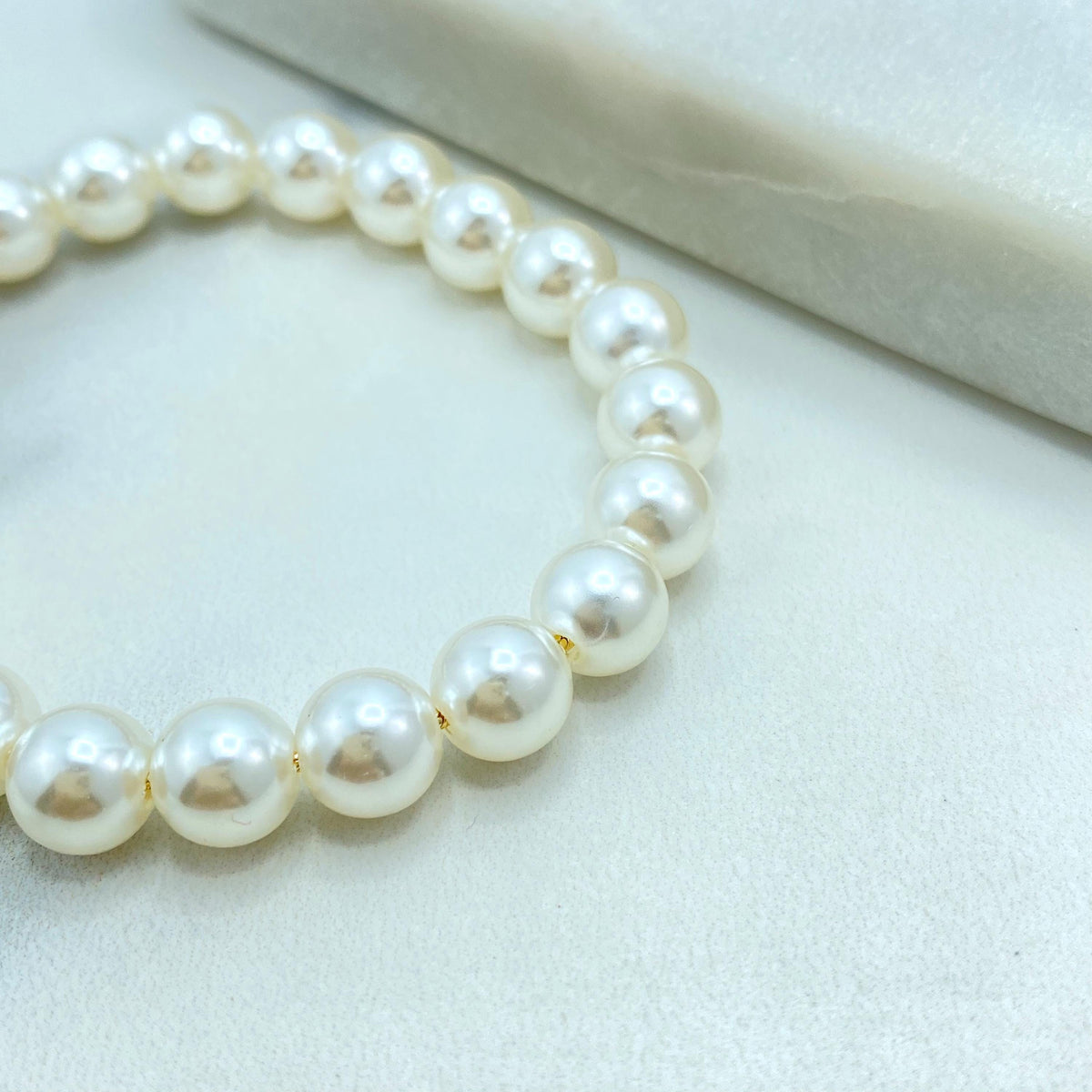 18k Gold Filled Simulated Pearl Adjustable Bracelet, 6mm or 8mm Beads, Beaded Slide Clasp Bracelet, Stackable Design, Wholesale Jewelry