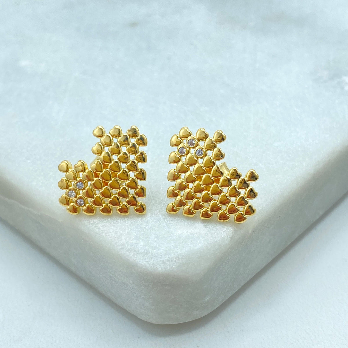 18k Gold Filled Pixel Heart Stud Earrings, Gold Mini Hearts with CZ Accents, Modern Love Earrings, Wholesale Jewelry