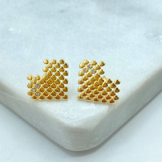 18k Gold Filled Pixel Heart Stud Earrings, Gold Mini Hearts with CZ Accents, Modern Love Earrings, Wholesale Jewelry