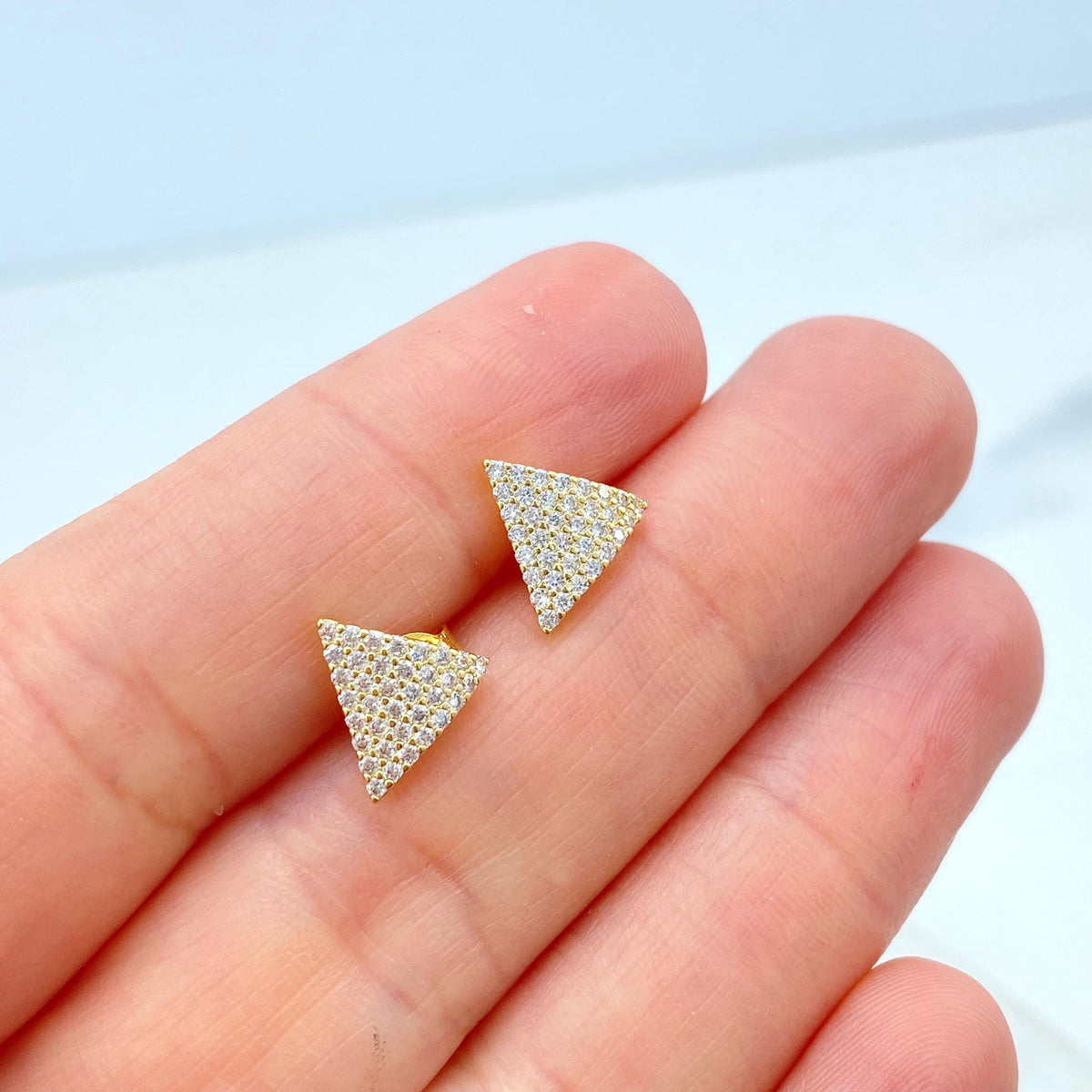 18k Gold Filled Triangle Stud Earrings, Micro Pave CZ Triangle Earrings, Minimalist Geometric Earrings with Micro CZ, Wholesale Jewelry