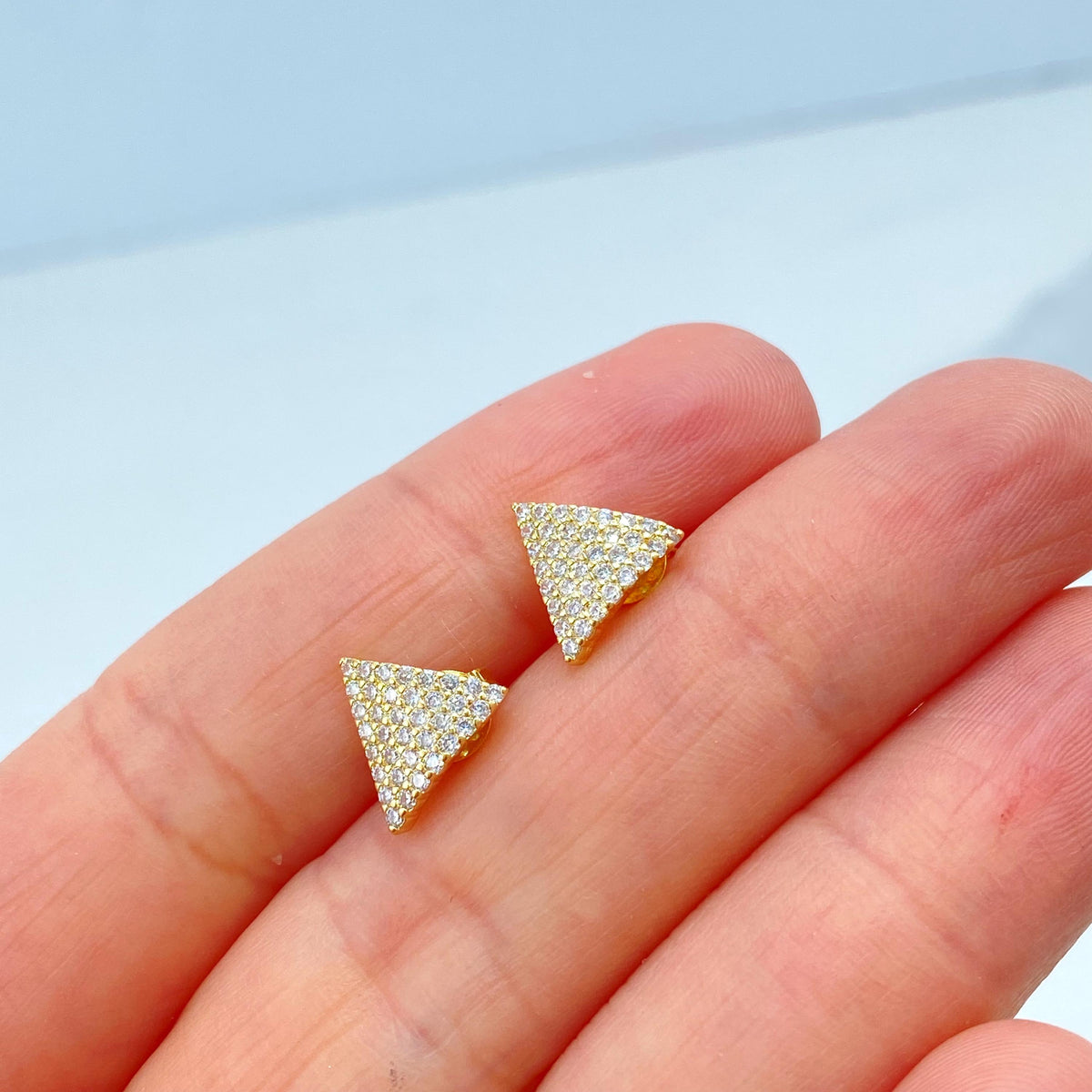 18k Gold Filled Triangle Stud Earrings, Micro Pave CZ Triangle Earrings, Minimalist Geometric Earrings with Micro CZ, Wholesale Jewelry