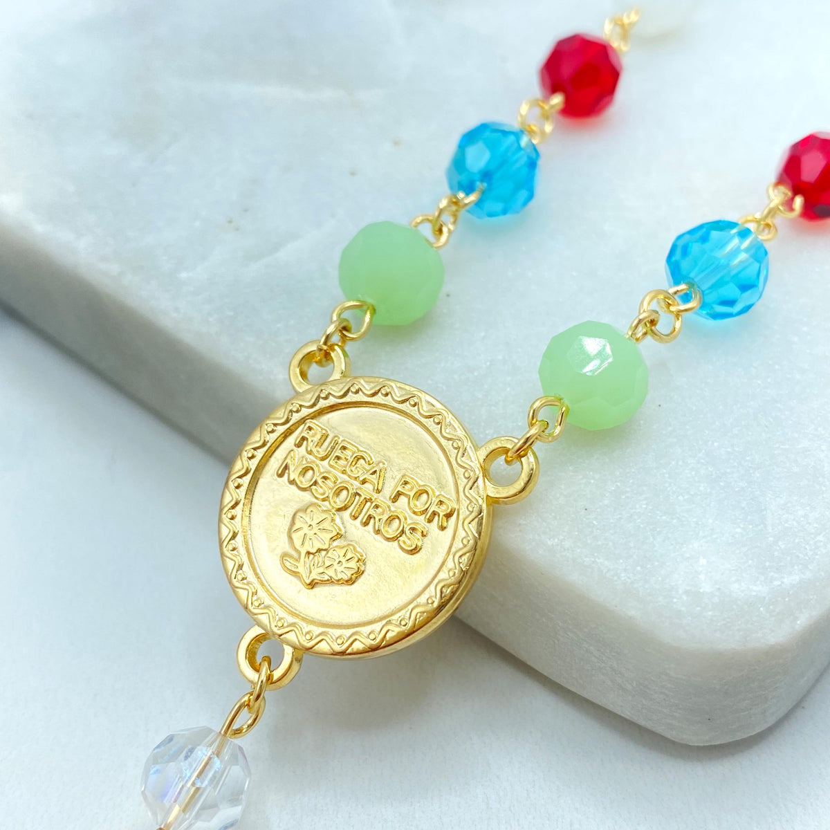 18k Gold Filled Multicolor Beads Rosary with Virgen de Guadalupe Medal, Our Lady of Guadalupe Rosary, "Ruega por Nosotros" Back Medal Rosary