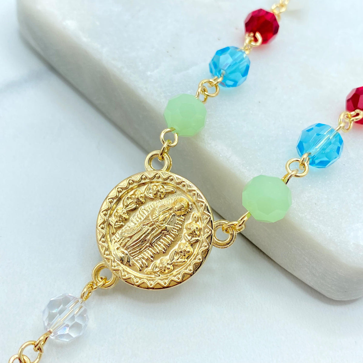 18k Gold Filled Multicolor Beads Rosary with Virgen de Guadalupe Medal, Our Lady of Guadalupe Rosary, "Ruega por Nosotros" Back Medal Rosary