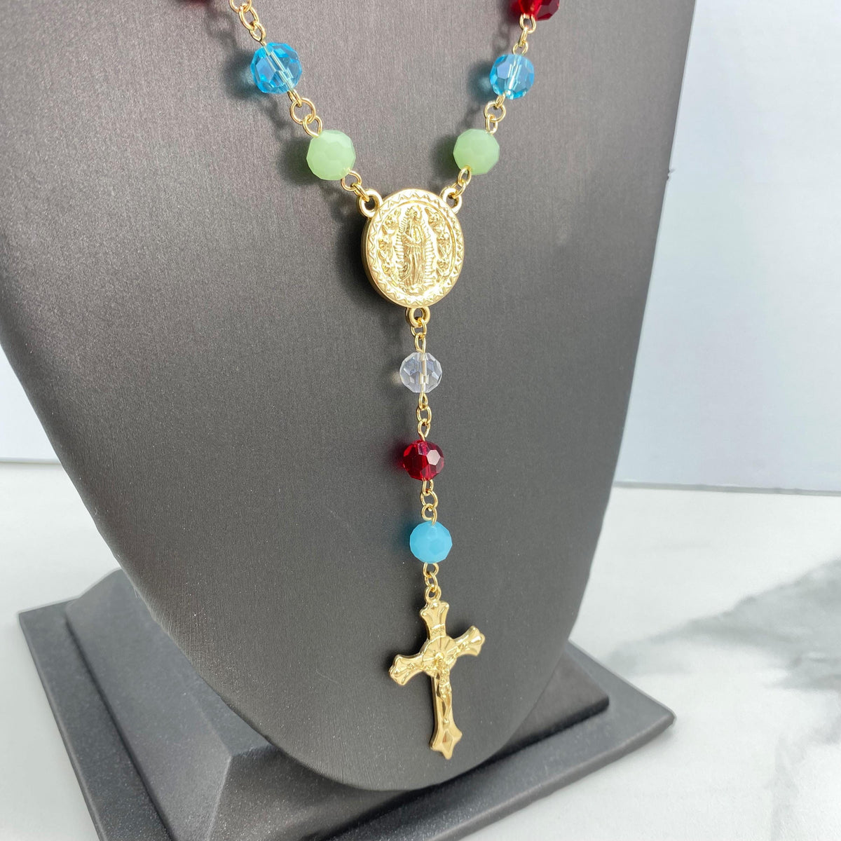 18k Gold Filled Multicolor Beads Rosary with Virgen de Guadalupe Medal, Our Lady of Guadalupe Rosary, "Ruega por Nosotros" Back Medal Rosary