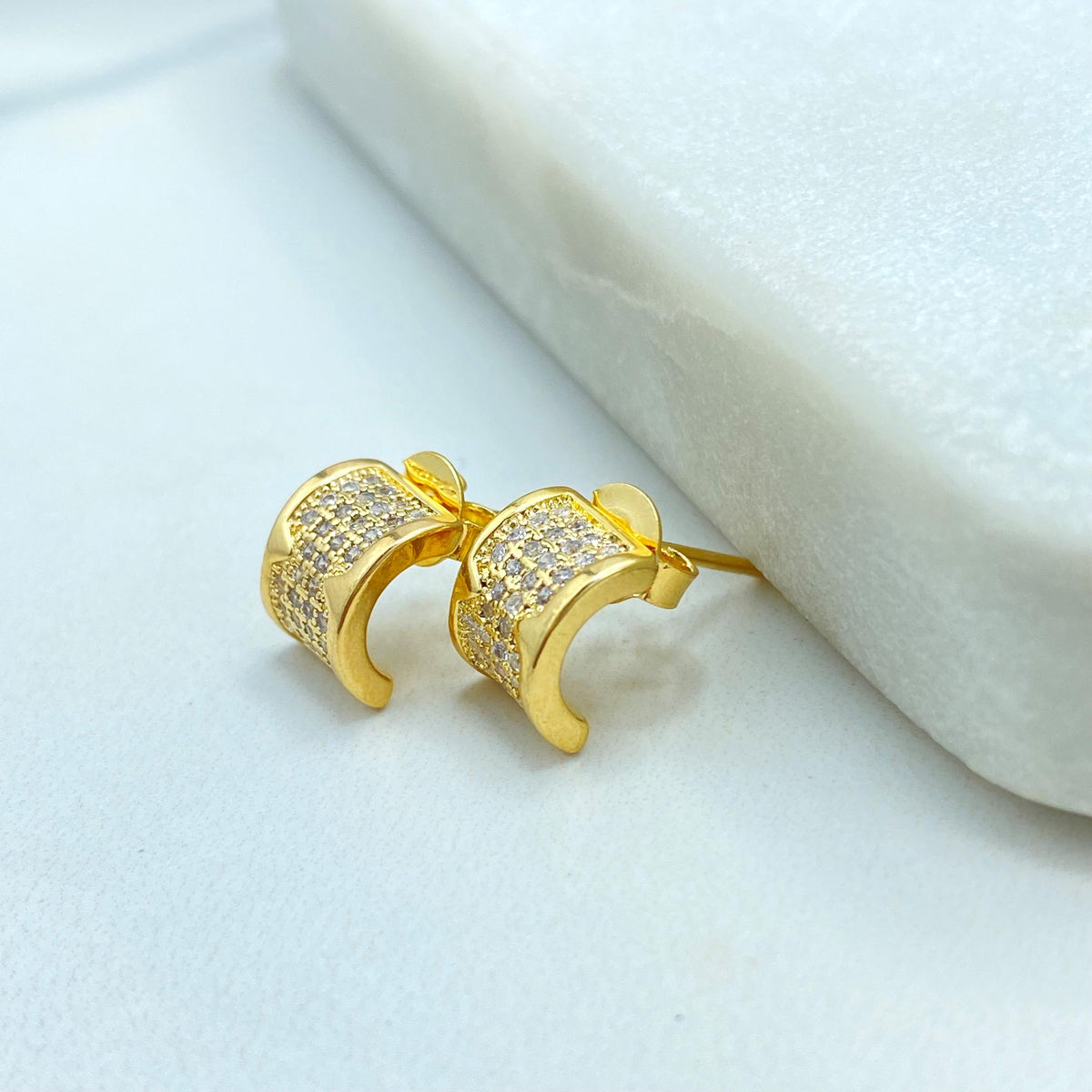 18k Gold Filled Pave Semi Circle Stud Earrings, Micro Pave Classic Stud, H Design Stud, with Micro Cubic Zirconia, Wholesale Jewelry
