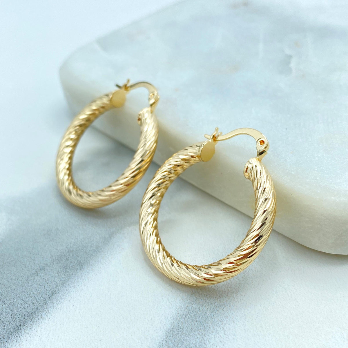 18k Gold Filled Textured Hoops Earrings, 30mm Gold Hoops, Twisted 30mm Hoops Earrings, Wholesale Jewelry