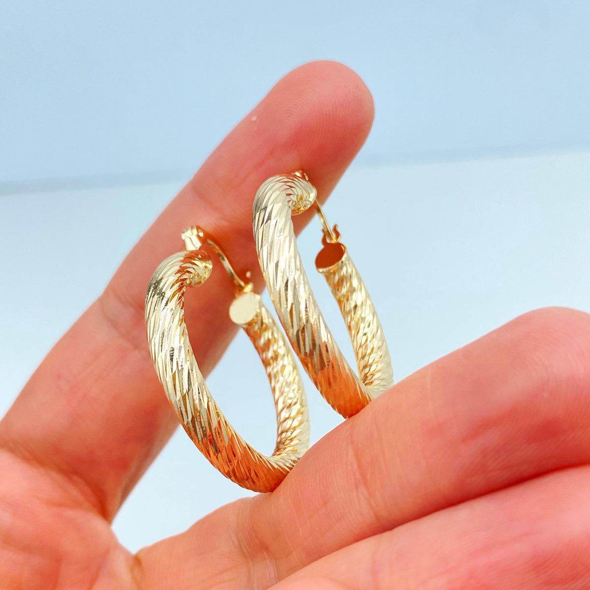 18k Gold Filled Textured Hoops Earrings, 30mm Gold Hoops, Twisted 30mm Hoops Earrings, Wholesale Jewelry